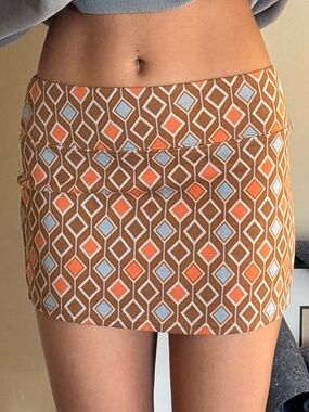 Urban Outfitters Brown Mini Skirt with Orange & Light Blue Geometric Print
